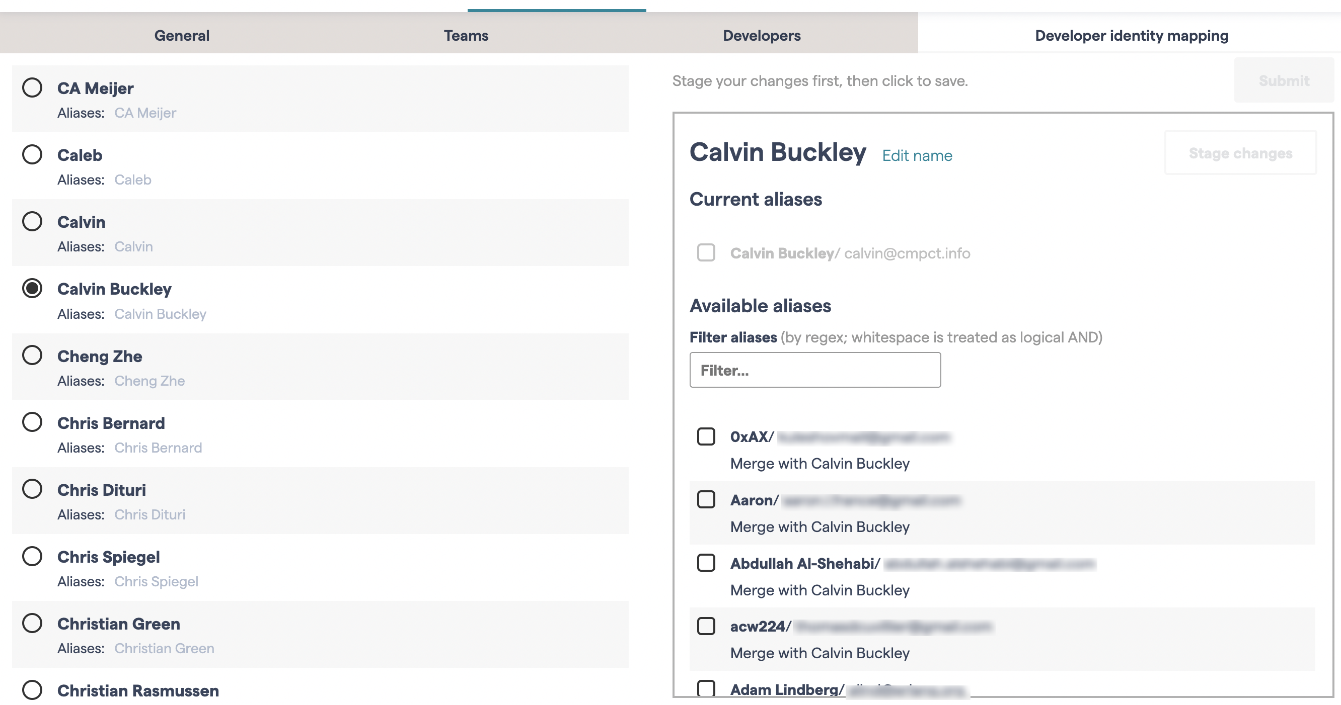 Developer list with alias list