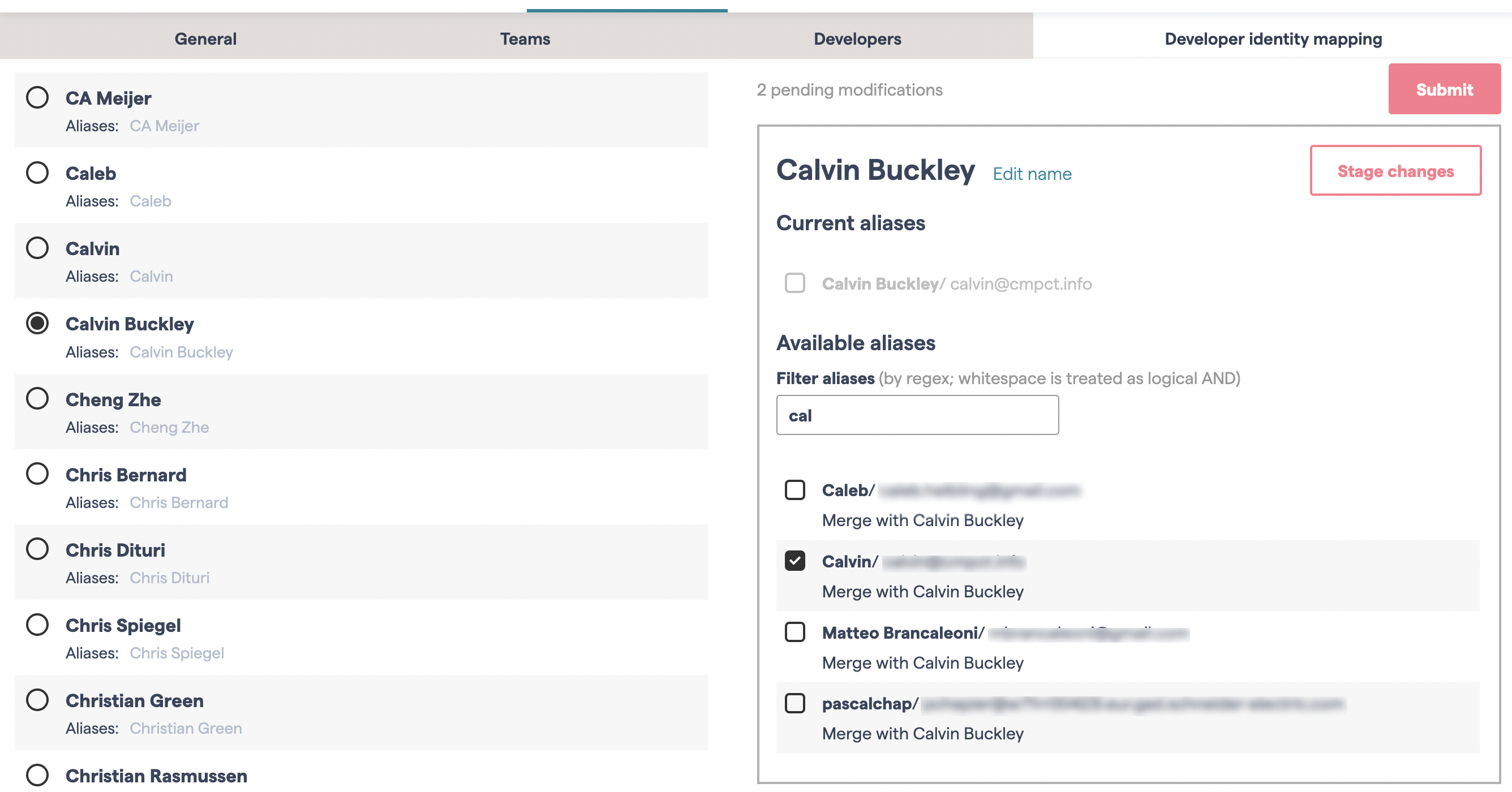 Developer list with alias list, getting ready to select.