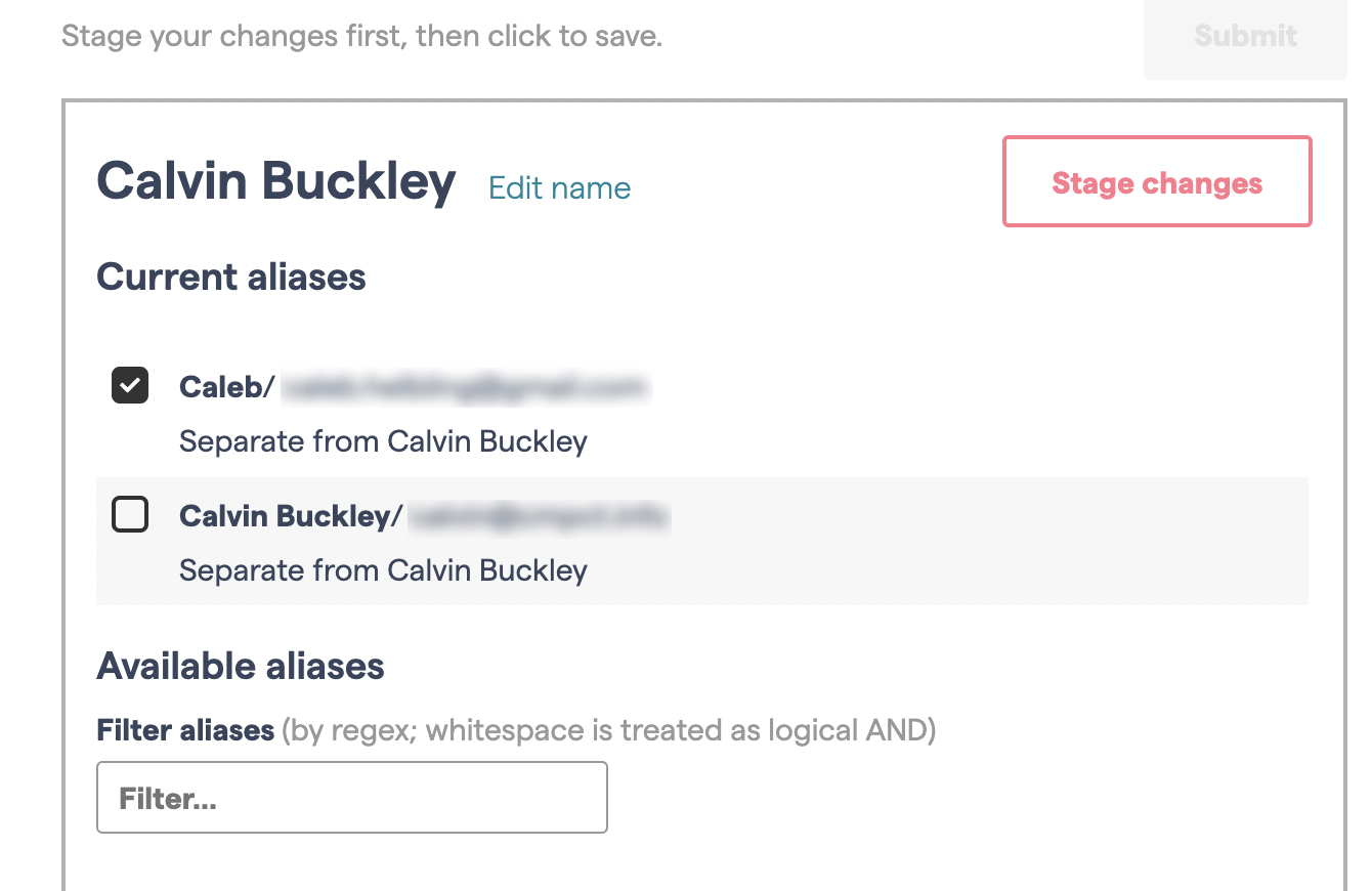 Selecting an alias to unmerge